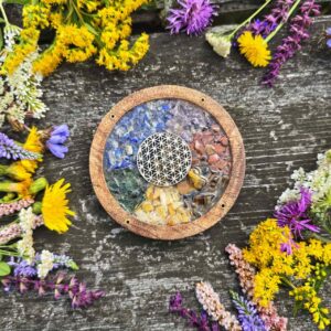 Okrągła podstawka pod kadzidła z kwiatem życia 7 czakr