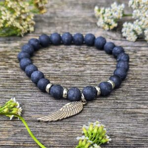 Bransoletka Skrzydło Anioła i kamień czarny agat unisex