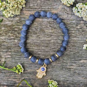 Bransoletka Złota Hamsa i kamień czarny agat unisex