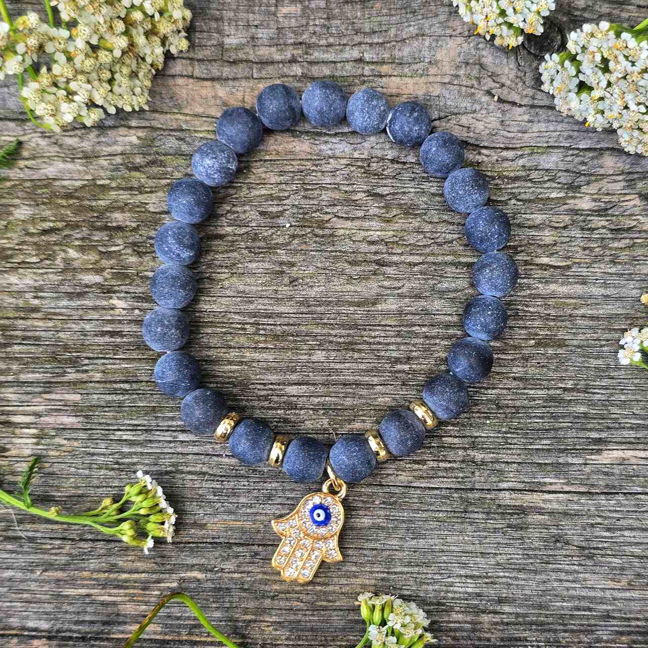 Bransoletka Złota Hamsa i kamień czarny agat unisex