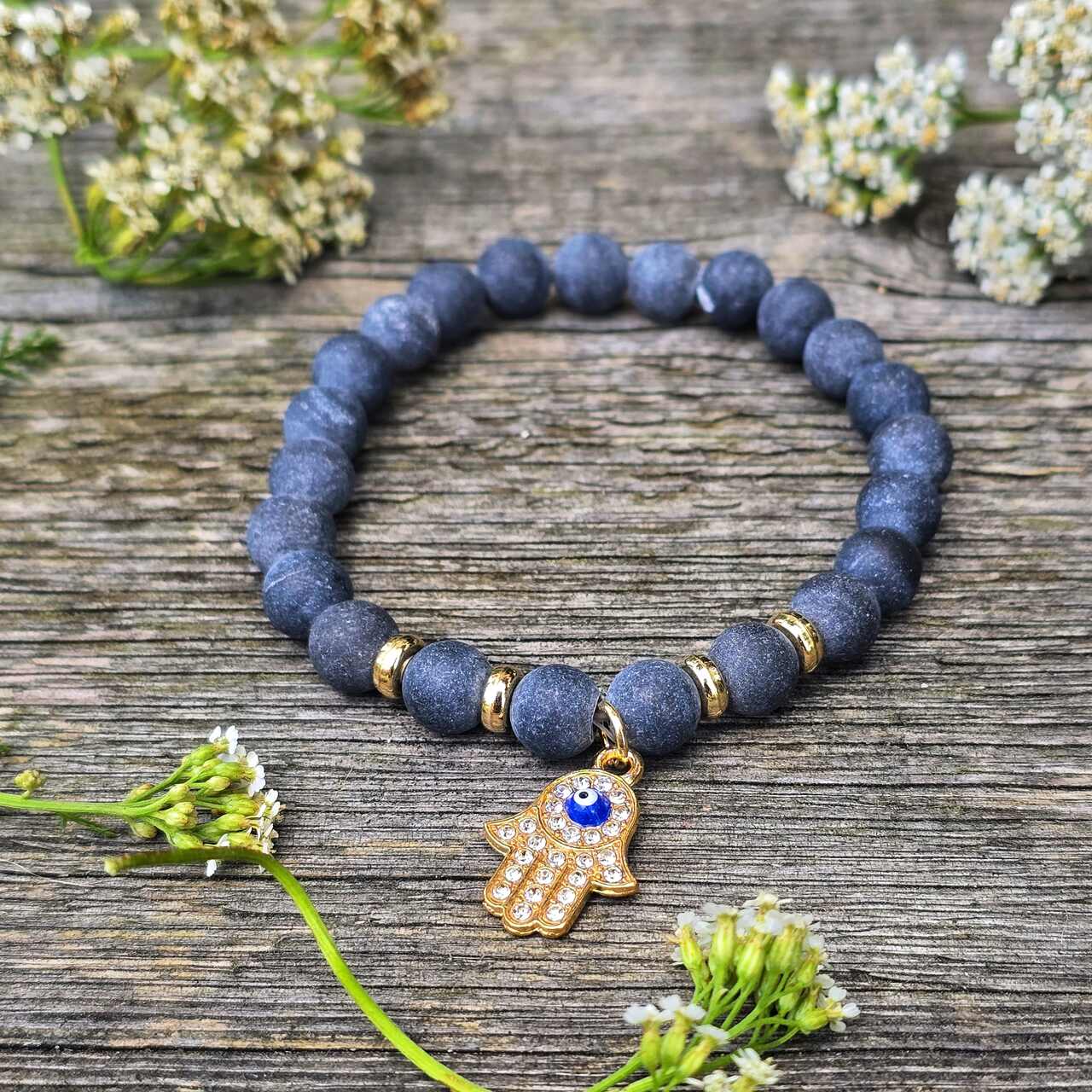 Bransoletka Złota Hamsa i kamień czarny agat unisex - obrazek 3