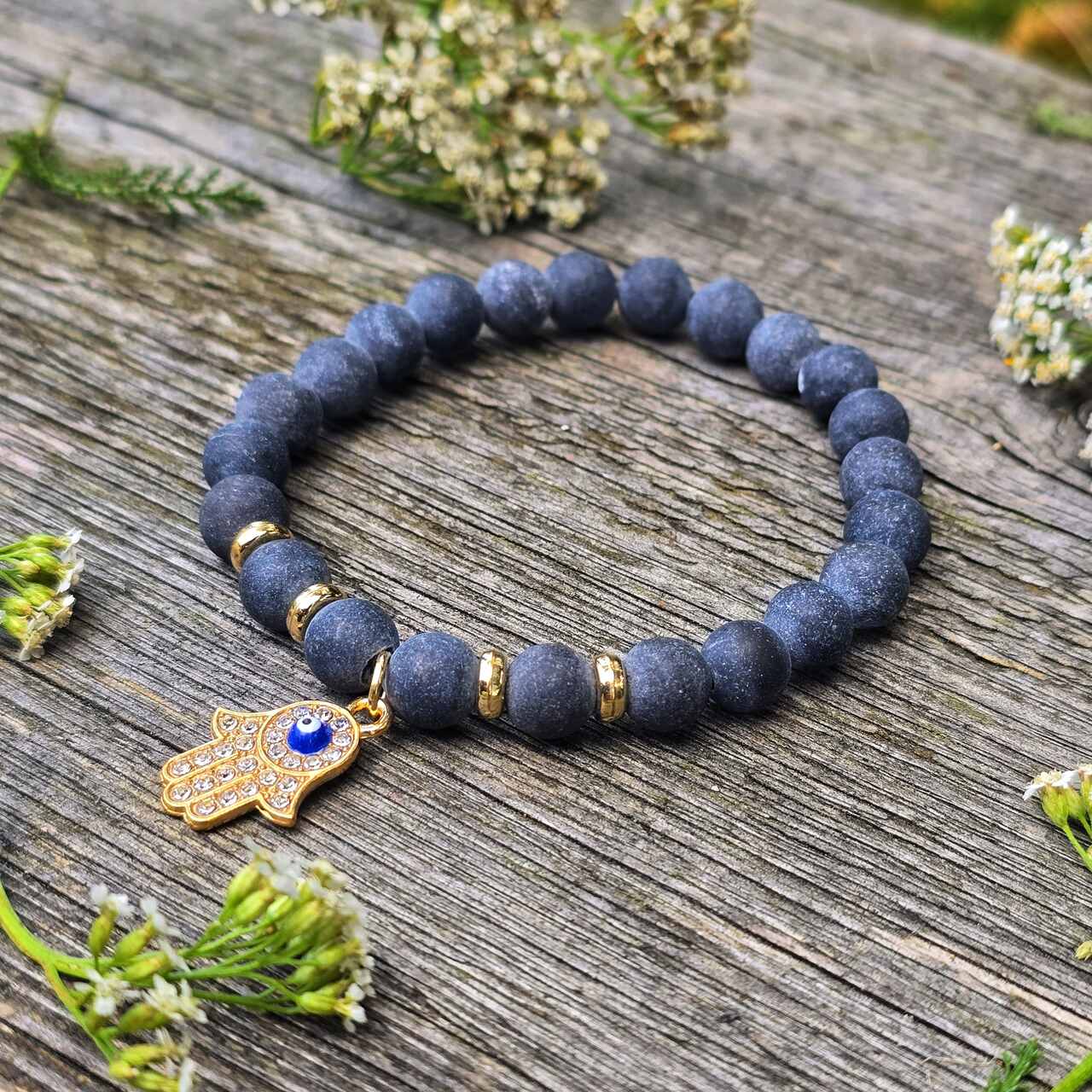 Bransoletka Złota Hamsa i kamień czarny agat unisex - obrazek 4