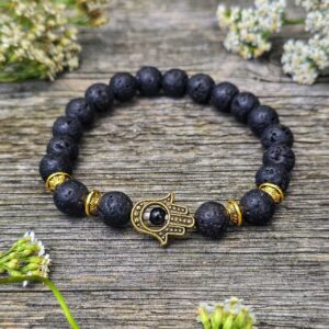 Bransoletka Złota Hamsa i lawa unisex